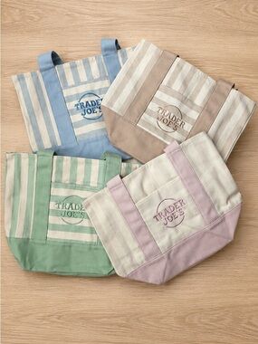 🆕 Trader Joe's Mini Pastel Striped Canvas Tote Bags – Set of 4 – Pink Green Blue